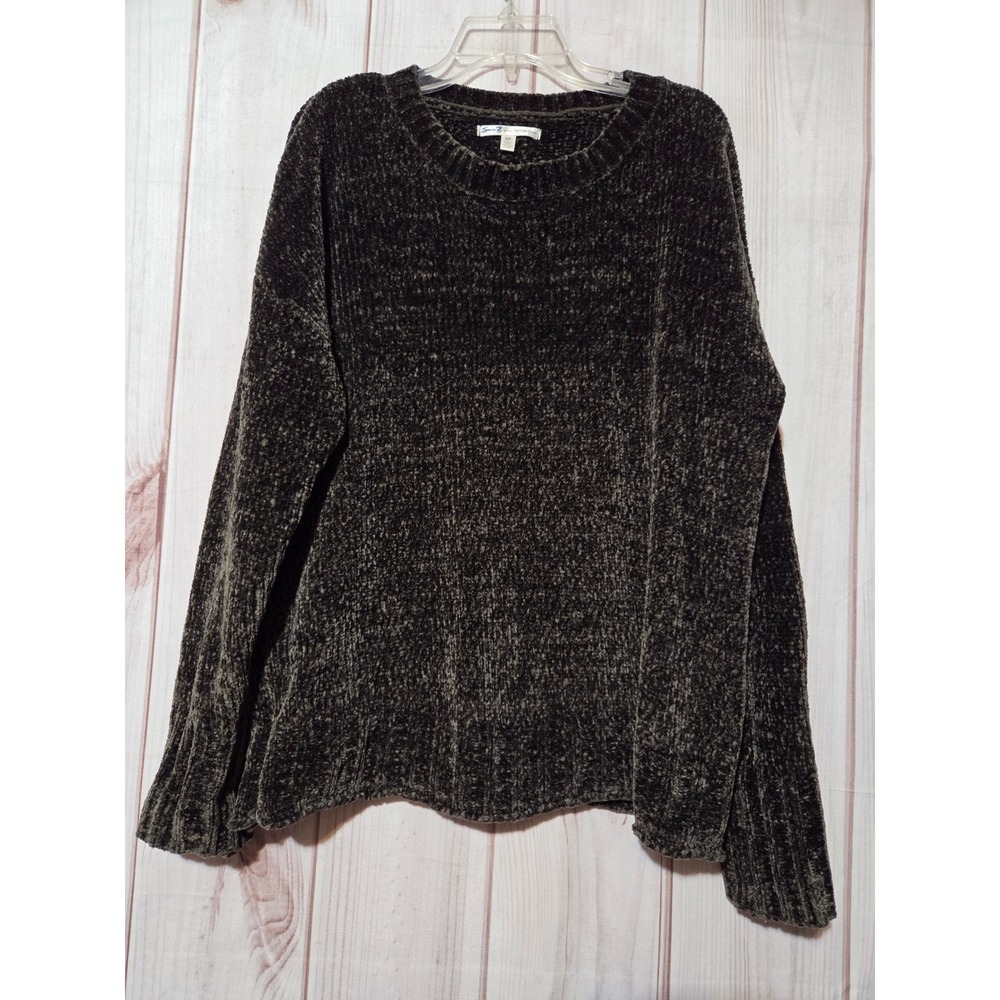 Seven7 Women Olive Green Chenille Knit Sweater Crew Neck Soft Pullover Size M‎